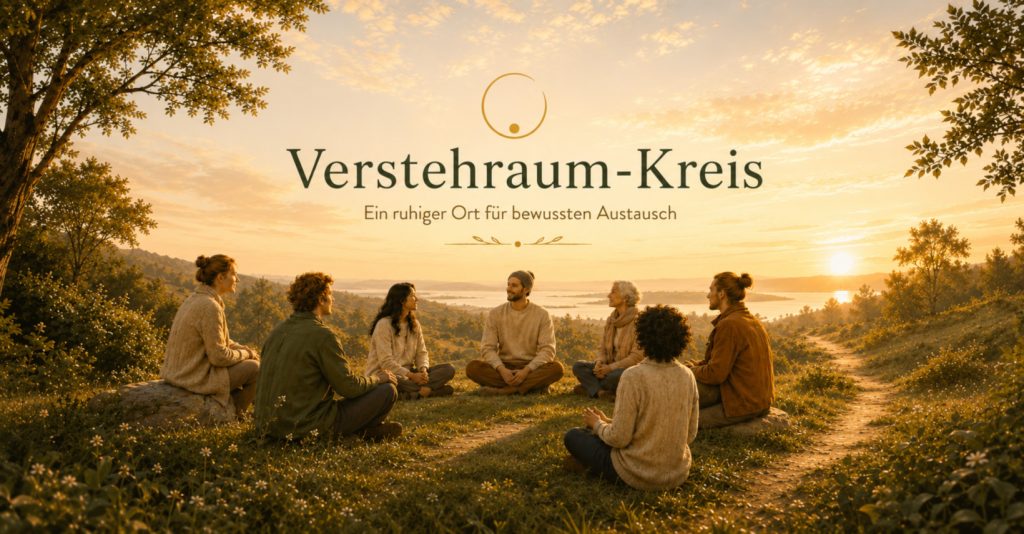 Menschen sitzen in einem Kreis in der Natur; darüber steht Verstehraum-Kreis.